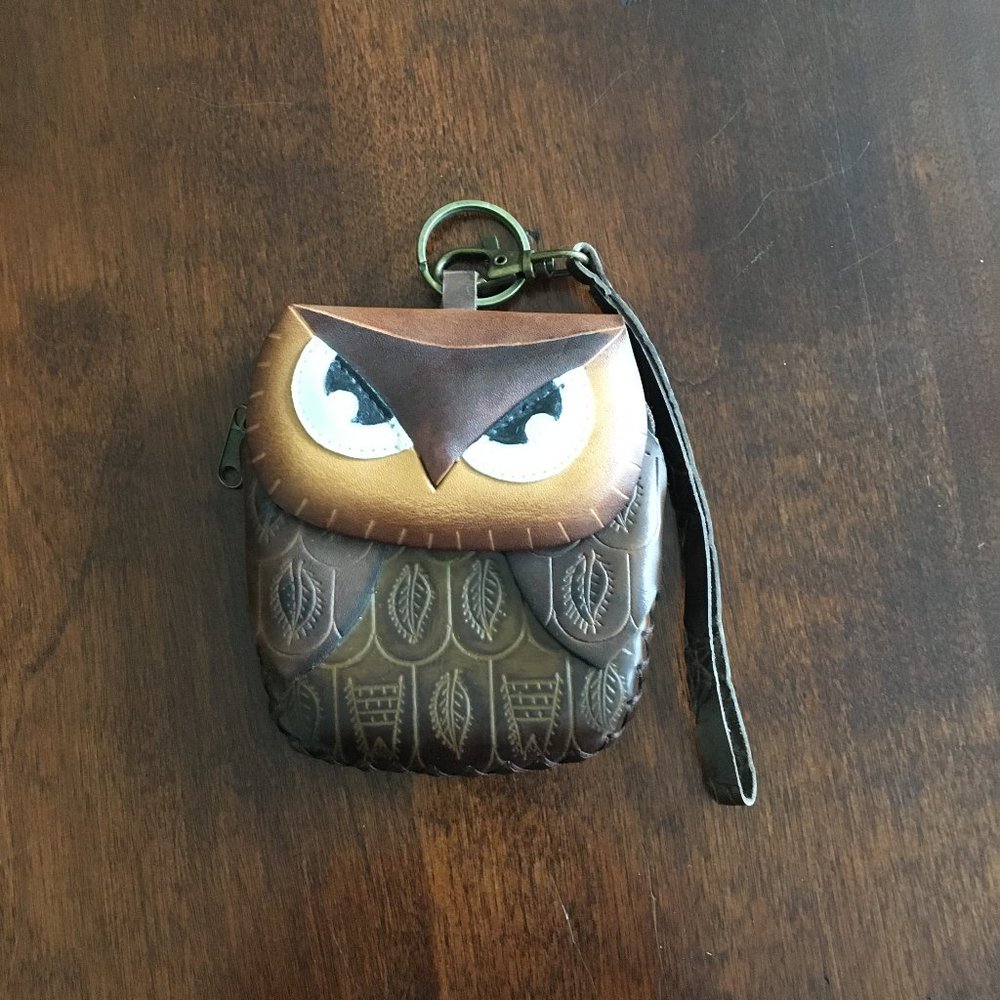 Handmade Leather Owl wristlet Change Purse and keychain.